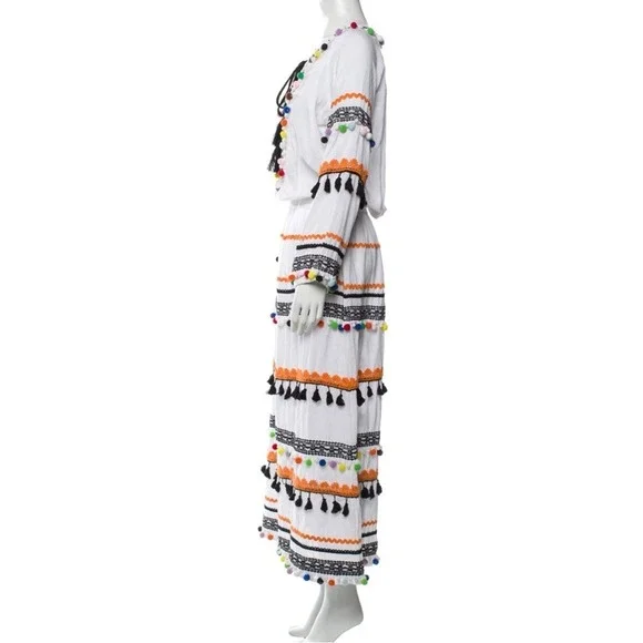 Dodo Bar Or Striped Pom Pom Maxi Dress Multi‎ Color Medium Boho Festival NEW - Picture 6 of 12
